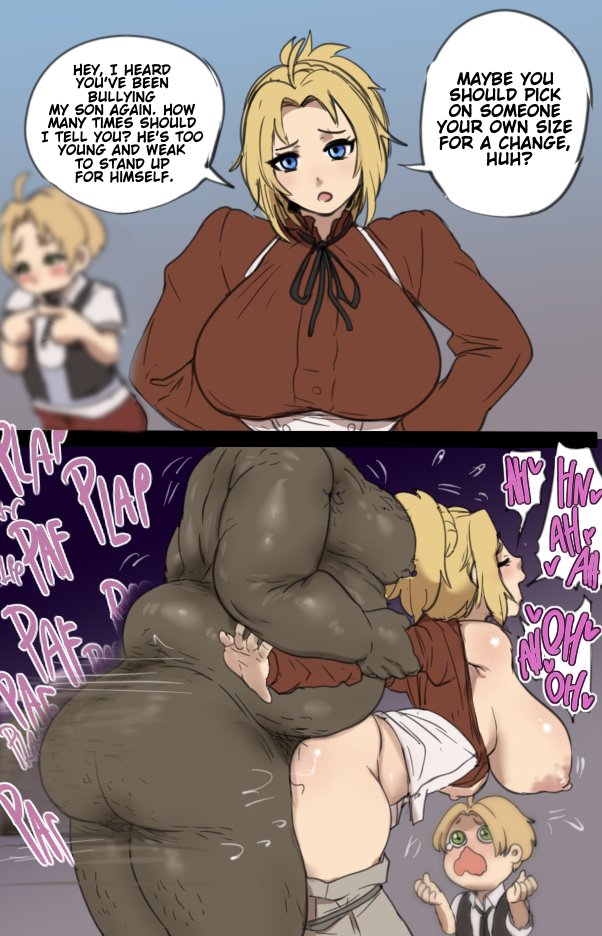 1girls 2boys big_ass blonde_hair cucked_by_bully cuckold dark-skinned_male dark_skin english_text female from_behind interracial large_breasts male motherly_cuckold mushoku_tensei netorare ntr raizengax text zenith_greyrat