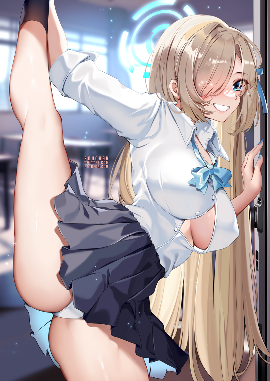 ass asuna_(blue_archive) black_legwear blonde_hair blue_archive blue_eyes blush bow bowtie breasts brown_hair cleavage collared_shirt covered_nipples dress_shirt female grin hair_over_one_eye kicking large_breasts leg_lift leg_up long_hair long_sleeves looking_at_viewer panties pleated_skirt school_uniform shirt skirt smile solo squchan standing standing_on_one_leg standing_split teeth thighs underwear white_panties white_shirt