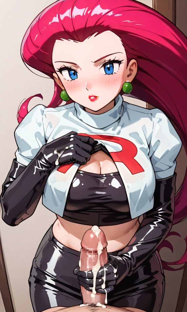 ai_generated anime cum_on_gloves handjob jessie_(pokemon) latex latex_gloves latex_skirt patent_leather red_hair