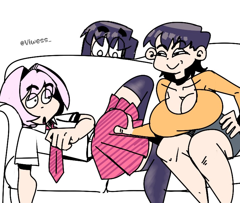 1boy 2girls aged_up bulge_grab bulge_through_clothing female femboy femboy_on_female komi-san_wa_komyushou_desu komi_shouko komi_shuuko looking_back male meme_reference milf mother_and_daughter osana_najimi sofa touching_penis trap vi_wesker white_background