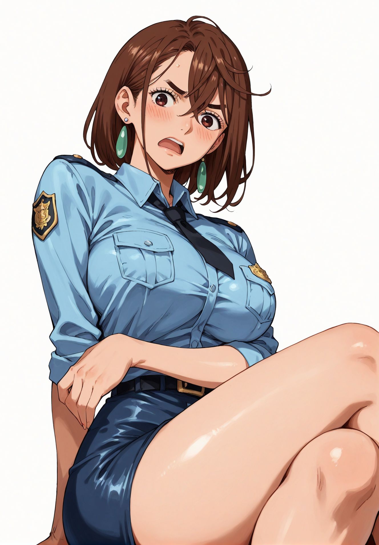 ai_generated alluring almost_naked almost_nude ayase_momo blush brown_eyes brown_hair dandadan earring earrings looking_at_viewer police police_officer police_uniform policewoman seducing seduction seductive seductive_body seductive_eyes seductive_gaze seductive_look seductive_mouth seductive_pose shiny_hair shiny_skin short_hair shoulder_length_hair skin_tight skintight skintight_clothes skintight_clothing thick_thighs voluptuous voluptuous_female yashin