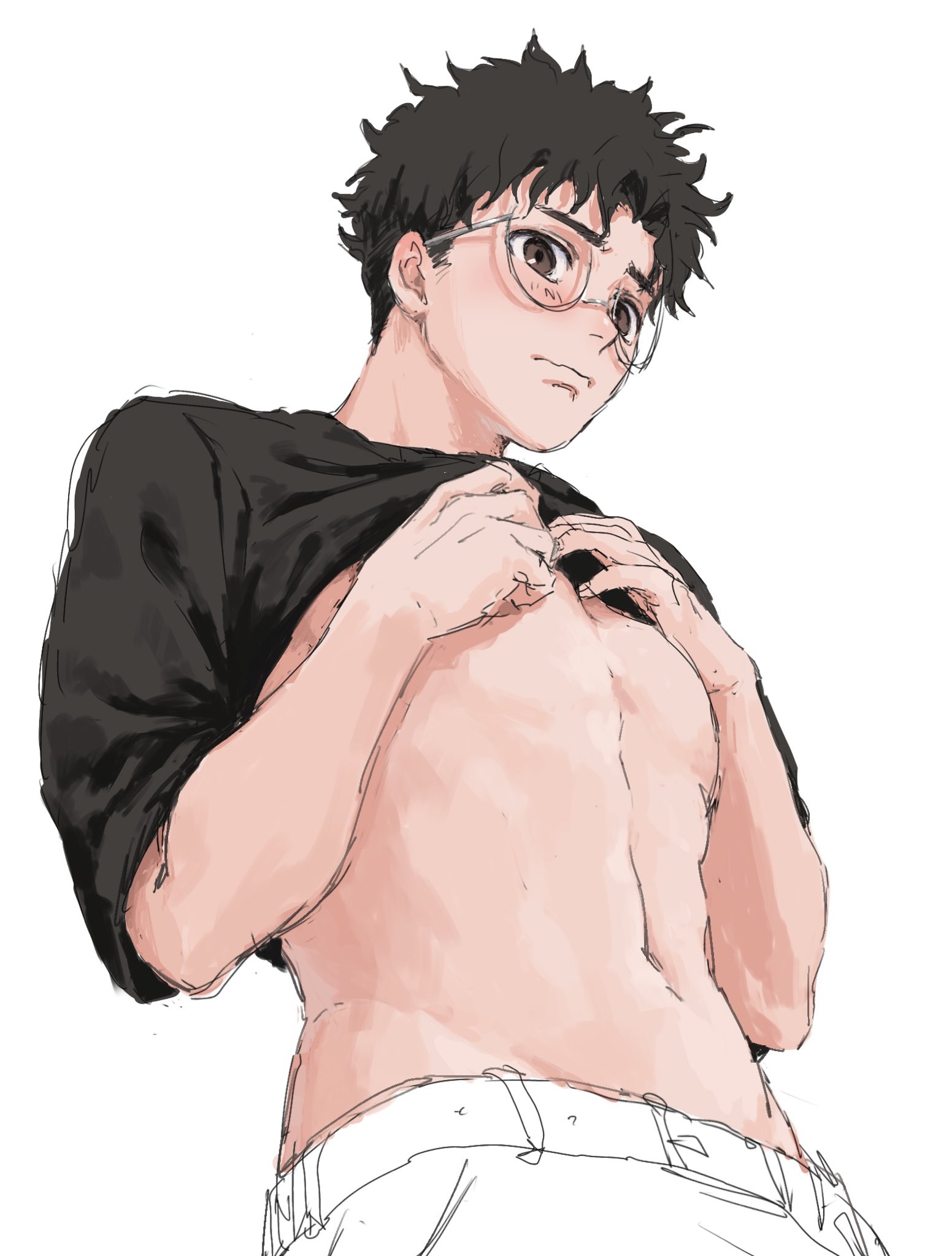 1boy, abs, black hair, black shirt, brown eyes, dandadan, glasses, male, male only, muscular, muscular male, solo, tagme, takakura ken (okarun), topless, topless male