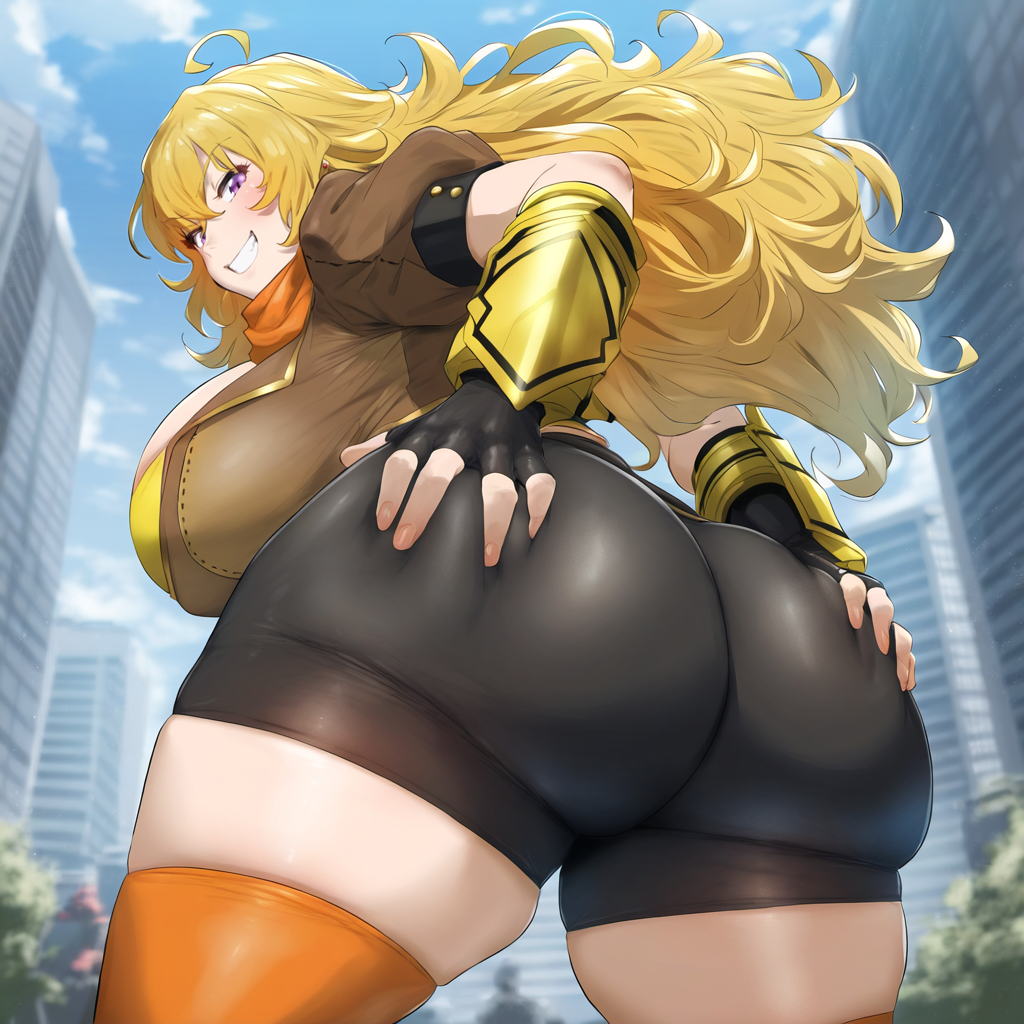 1girls ai_generated big_ass big_breasts bike_shorts blonde_hair bubble_ass bubble_butt curvaceous curvy_female dat_ass female female_only fingerless_gloves gripping_ass hands_on_ass huge_ass large_breasts light-skinned_female light_skin long_hair m4k03_ pawg purple_eyes rooster_teeth rwby scarf short_shorts spreading_ass stockings thick thick_ass thick_thighs voluptuous voluptuous_female wide_hips yang_xiao_long