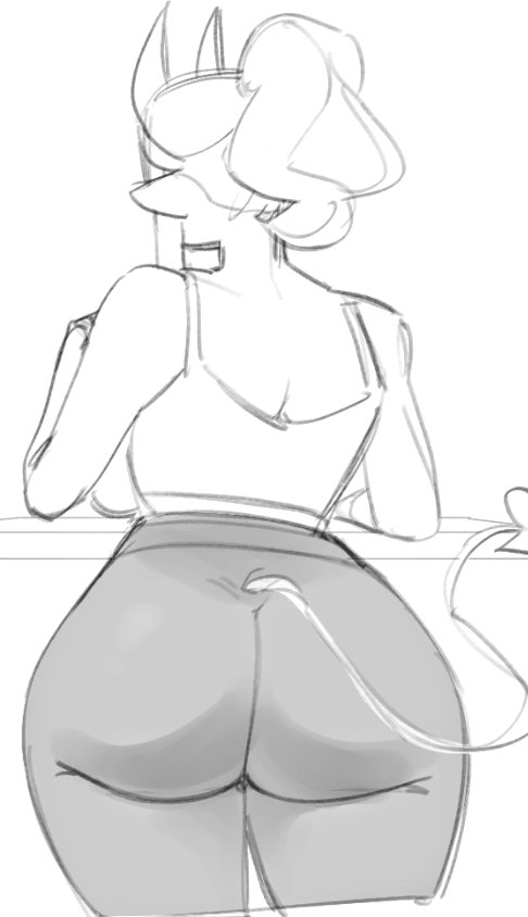 ass ass_focus back_view backboob casual horns huge_ass rekkadraws sketch tail