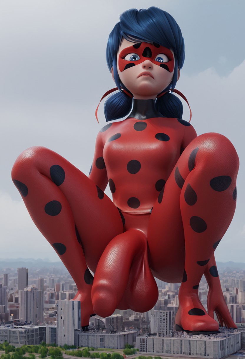 3d ai_generated big_balls big_penis bulge bulge_through_clothing city futanari futanari giantess marinette_dupain-cheng milk_itai miraculous_ladybug