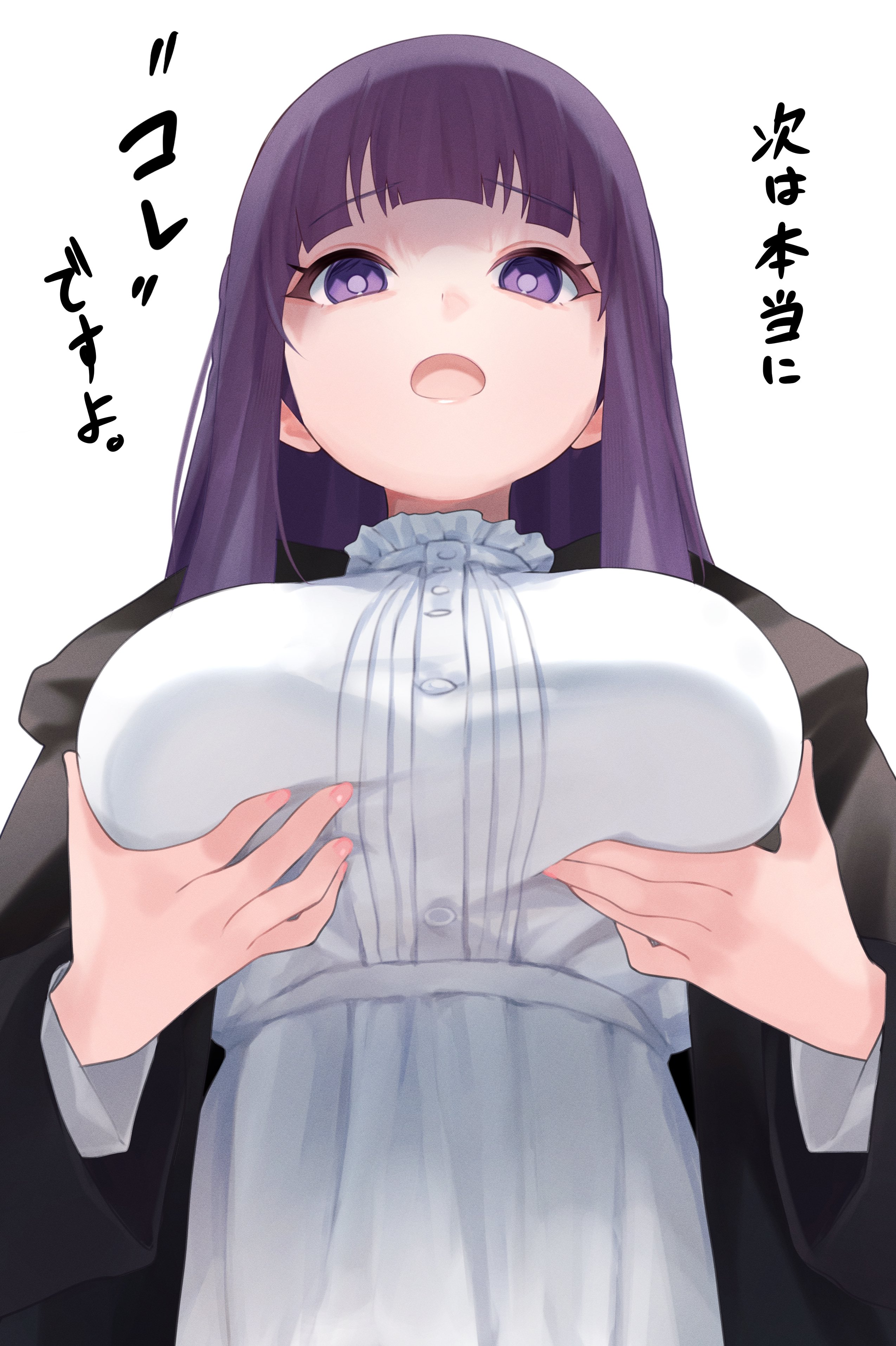 :d, absurdres, blunt bangs, breasts, dress, female, fern (sousou no frieren), from below, genmai komeko, grabbing own breast, highres, japanese text, large breasts, long hair, long sleeves, looking at viewer, meme, next time you're getting this (meme), paizuri gesture, purple eyes, purple hair, smile, solo, sousou no frieren, text, translation request, white dress