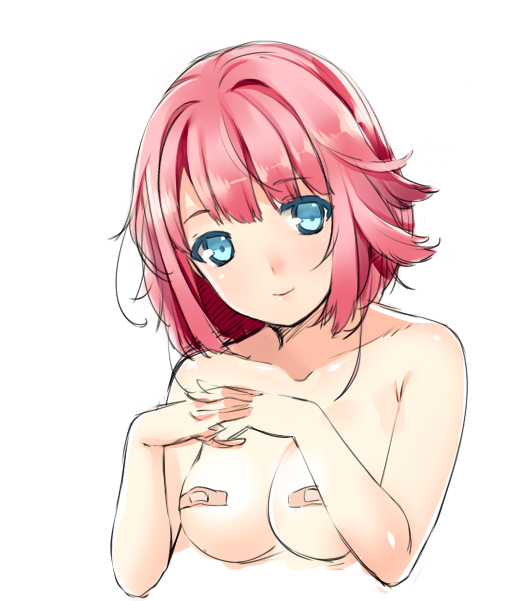 1girls bandaid blue_eyes breasts character_request copyright_request female kuro_(kuronell) pink_hair solo