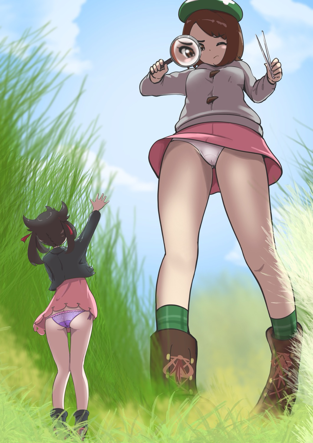 2girls black_hair boots brown_eyes brown_hair cameltoe cardigan clothed creatures_(company) female female_focus female_only game_freak gloria_(pokemon) grass hair_ornament hi_res human human_only light-skinned_female light_skin magnifying_glass marnie_(pokemon) medium_hair micro microsd_(artist) minigirl nintendo outdoors panties pantyshot pokemon pokemon_ss purple_panties short_hair size_difference sky socks standing tam_o'_shanter tartan upskirt white_panties