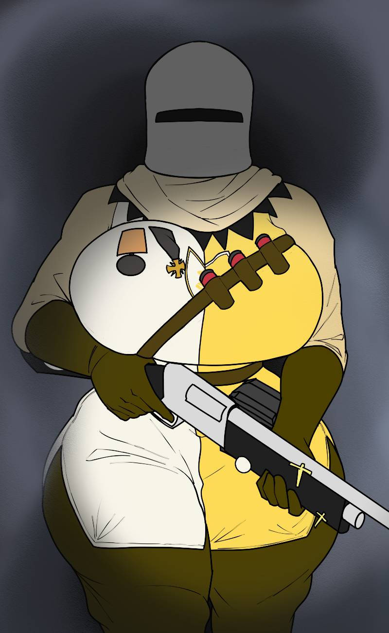 2d, 2d (artwork), 2d artwork, big breasts, breasts, clothed, clothing, faceless female, golden empire (grave/digger), grave/digger, gun, helmet, holding object, holding weapon, huge breasts, plagueartistic, roblox, roblox game, robloxian, shotgun, soldat (grave/digger), tagme, thick thighs, weapon, wide thighs