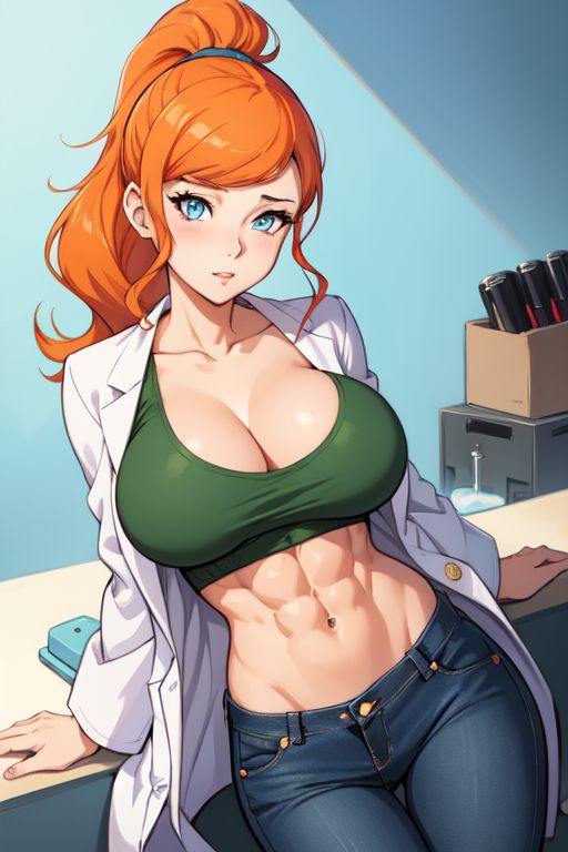 1girls abs ai_generated big_breasts blue_eyes blush clothed clothing color female female_focus female_only fit_female game_freak gigiti hi_res jeans large_breasts light-skinned_female light_skin long_hair looking_at_viewer muscles muscular muscular_female nintendo orange_hair pokemon pokemon_ss pokemon_trainer solo solo_female sonia_(pokemon) tagme thick_thighs