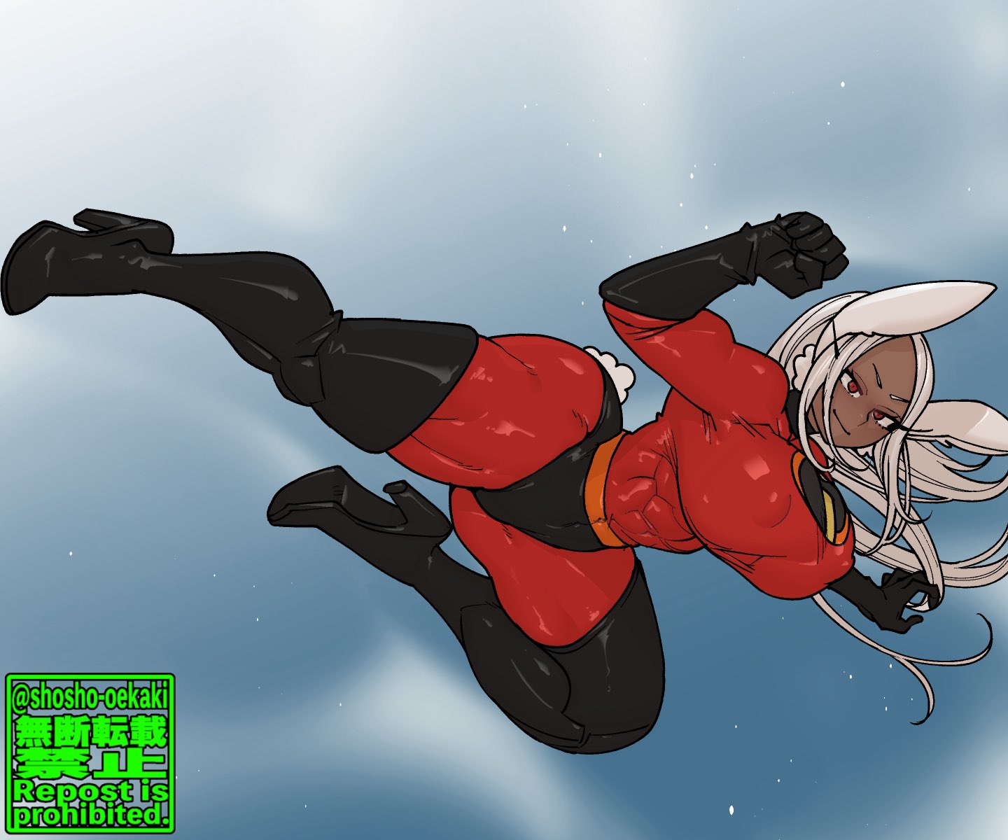 1girls, abs, abs visible through clothing, ass, belt, big ass, big breasts, black boots, black gloves, black panties, bodysuit, boots, breasts, bunny ears, bunny girl, clothed, confident, confident smile, cosplay, dark skin, dark-skinned female, elastigirl, elastigirl (cosplay), elbow gloves, female, female focus, female only, full body suit, gloves, helen parr, heroic pose, high heel boots, high heels, large breasts, looking at viewer, miruko, muscular, muscular female, my hero academia, nipple bulge, nipples, nipples visible through clothing, rabbit, rabbit ears, rabbit girl, red bodysuit, red eyes, rumi usagiyama, shosho oekaki, skin tight, skin tight outfit, skindentation, skintight bodysuit, small waist, smiling, smiling at viewer, smirk, smirking at viewer, smug, smug expression, smug face, smug grin, smug smile, solo, solo female, solo focus, superheroine, symbol, teeth, the incredibles, thick thighs, thigh boots, thighs, tight bodysuit, tight clothes, tight clothing, tight fit, tight panties, usagiyama rumi, white hair, wide hips
