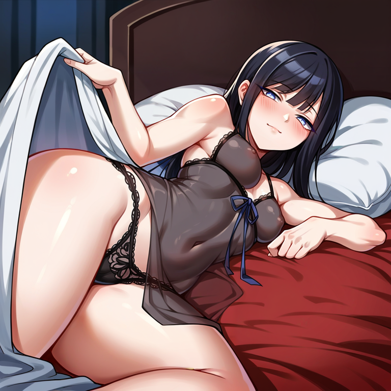 1girls ai_generated bed bed_invitation bedroom_eyes black_hair blue_archive cameltoe female lace-trimmed_panties linea_alba long_hair narrowed_eyes navel navel_visible_through_clothes negligee nipples nipples_visible_through_clothing on_bed on_side panties red_blanket saori_(blue_archive) see-through sheer_clothing solo zorkpics