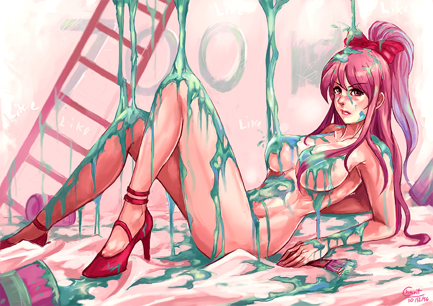 anklet blush bow breasts female frown hairbow high_heels kachima long_hair looking_at_viewer naked_footwear naked_heels nude original paint pink_eyes pink_hair ponytail sitting solo tied_hair