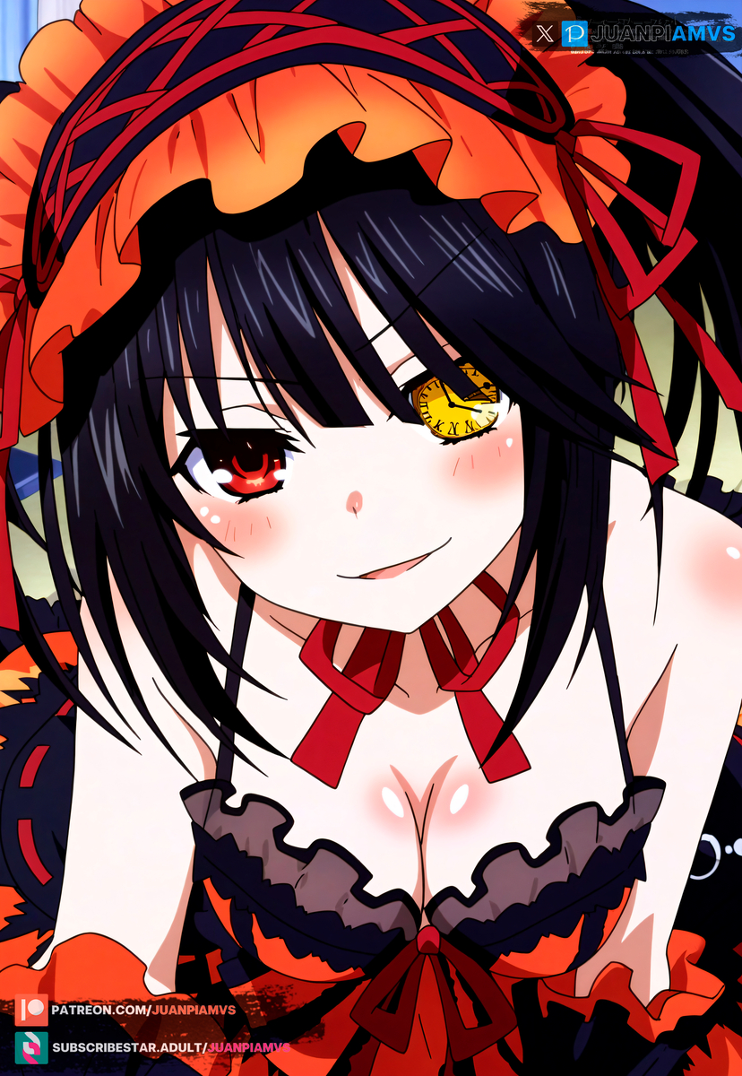 ai_generated big_breasts black_hair blush clock_eye date_a_live dress female juanpiamvs long_hair looking_at_viewer patreon patreon_username red_eye ribbon subscribestar subscribestar_username tiara tokisaki_kurumi watermark yellow_eye