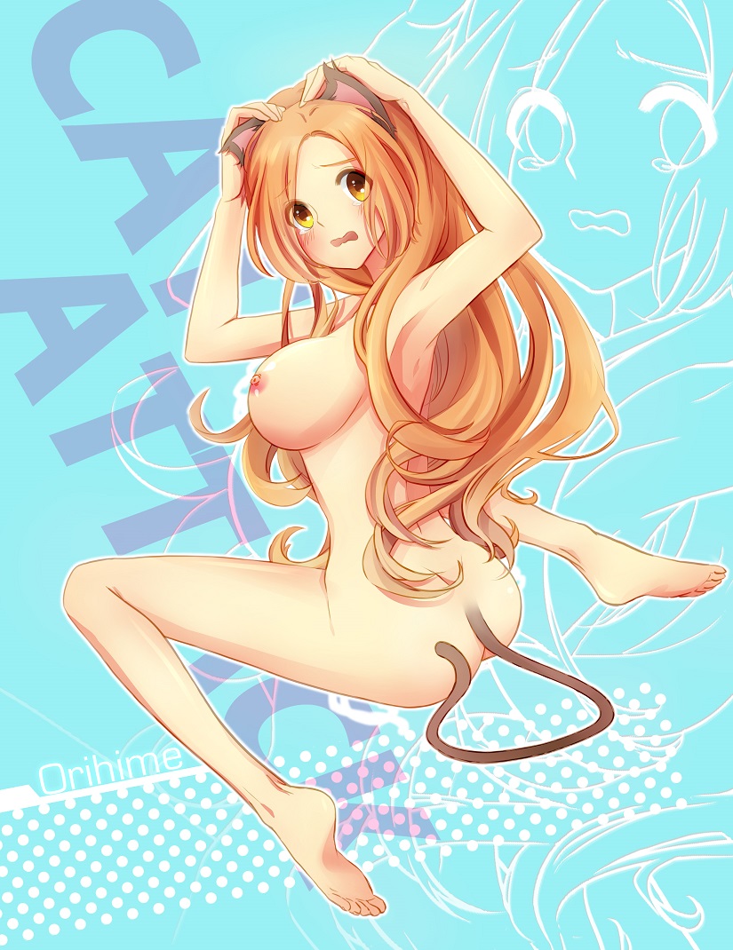 1girls 57_(lme_piggy117) animal_ears ass barefoot bleach blush breasts cat_ears cat_tail female female_only hands_on_own_head inoue_orihime kemonomimi_mode long_hair looking_away looking_back nipples nude open_mouth orange_eyes orange_hair sideboob sitting solo tail wariza wavy_mouth zoom_layer