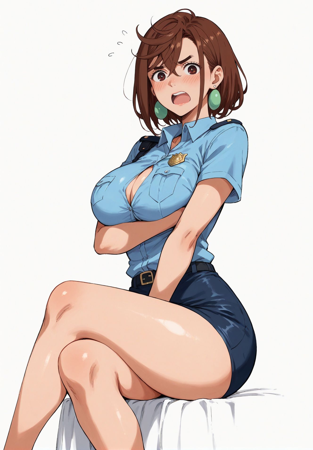 ai_generated alluring almost_naked almost_nude ayase_momo blush brown_eyes brown_hair dandadan earring earrings looking_at_viewer police police_officer police_uniform policewoman seducing seduction seductive seductive_body seductive_eyes seductive_gaze seductive_look seductive_mouth seductive_pose shiny_hair shiny_skin short_hair shoulder_length_hair skin_tight skintight skintight_clothes skintight_clothing thick_thighs voluptuous voluptuous_female yashin