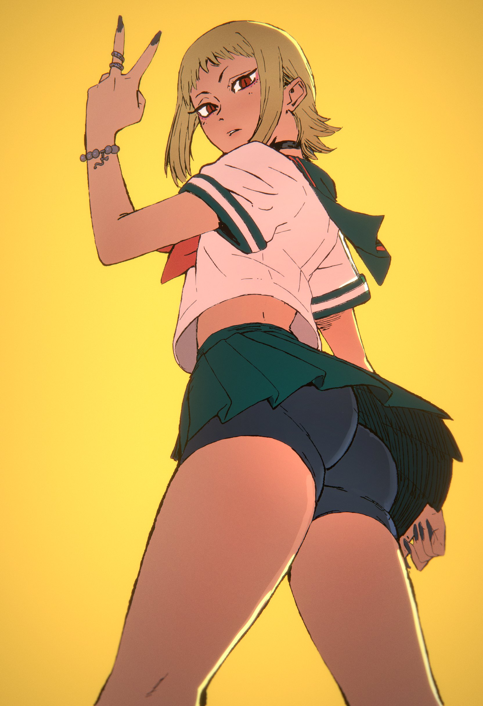 1girls, ass, big ass, blonde hair, chainsaw man, choker, female, female only, gyaru, pleated skirt, red eyes, sawatari akane, school uniform, skirt, solo, spats, upskirt, v-sign, xandredarium