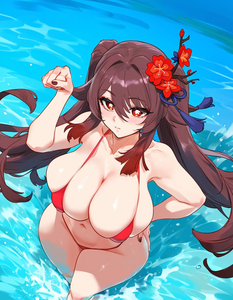 1girls ai_generated big_breasts bikini breasts brown_hair female genshin_impact hi_res hu_tao_(genshin_impact) light-skinned_male light_skin long_hair lucyla thick_thighs twin_braids