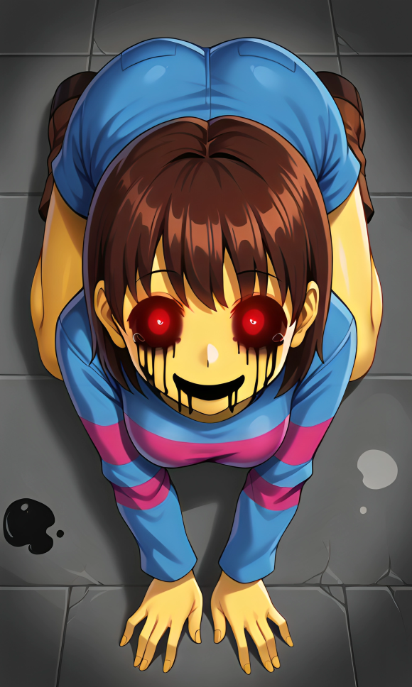 ai_generated alternate_universe bangs before_sex blue_shorts bob_cut boots breasts brown_boots brown_hair clothed creepy_face creepy_smile curvy empty_eyes female female frisk glowing_eyes kneeling long_sleeves looking_at_viewer pixai red_pupils shirt shorts smile striped_shirt underswap undertale_(series) undertale_au yellow_skin