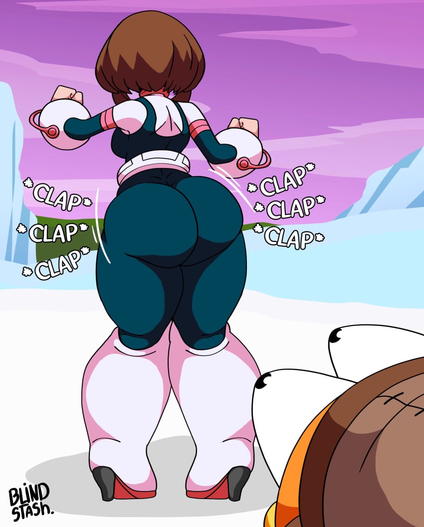 1boy 1girls ass ass_clapping blindstash boku_no_hero_academia clapping_cheeks fishstick fortnite fortnite:_battle_royale my_hero_academia ochako_uraraka ochako_uraraka_(hero_outfit) tagme text