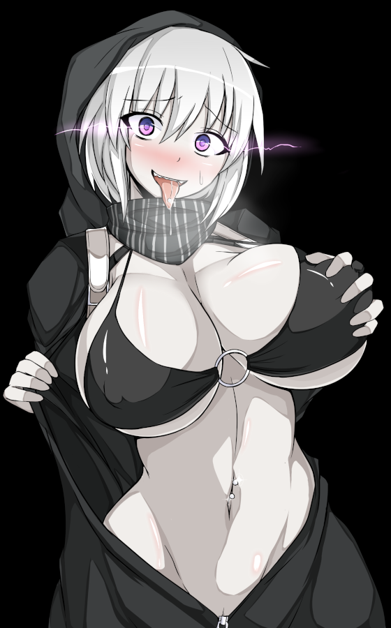 bra breast_grab breasts female huge_breasts kantai_collection musuka_(muska) pale_skin partially_visible_vulva purple_eyes pussy_peek re-class_battleship scarf shinkaisei-kan solo tongue_out unzipped white_hair