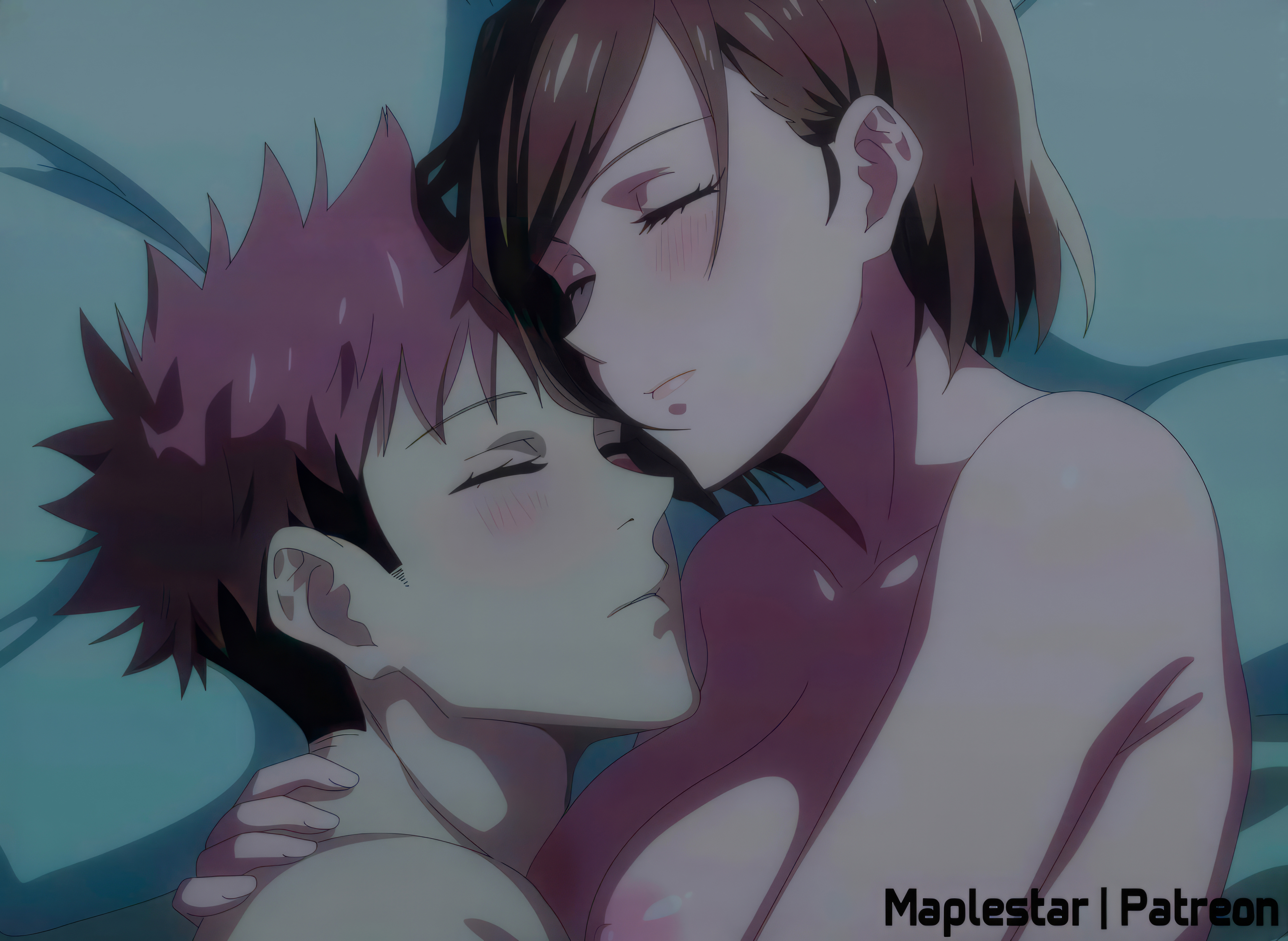 1boy, 1girls, after sex, bed, breasts, brown hair, brown-haired female, closed eyes, couple, couple (romantic), couple love, cuddling, cute, duo, duo focus, female, female/male, happy couple, highres, hugging, intimate, itadori yuuji, jujutsu kaisen, kugisaki nobara, large breasts, loving, loving couple, male, male/female, maplestar, nipples, pink hair, pink-haired male, romance, romantic, romantic ambiance, romantic couple, sensual, short hair, sleeping, sleeping nude, sleeping together, stitched, tagme, third-party edit, wholesome, wholesome end