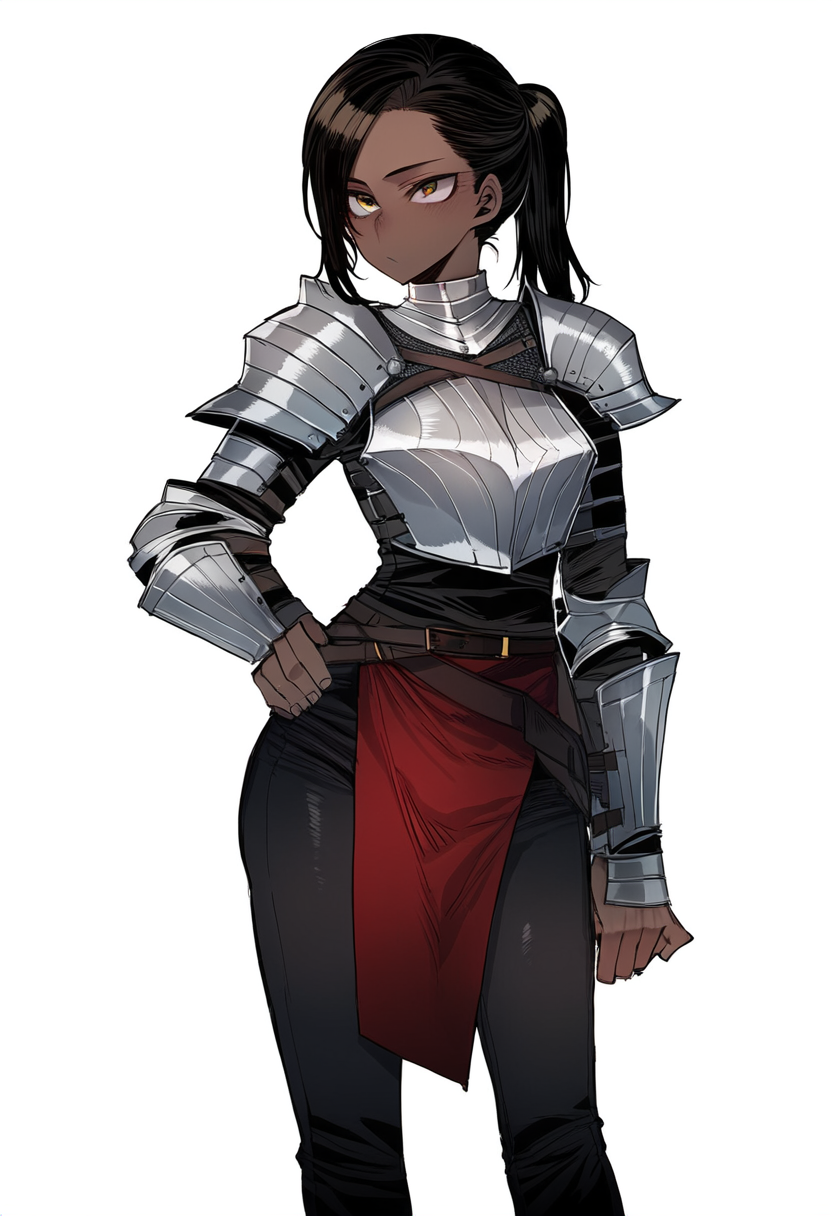 ai_generated alternate_attire alternate_outfit angeline_(hismajestyii) black_hair brown_eyes dark-skinned_female dark_skin hismajestyii legs loincloth medium_breasts novelai pantyhose plate_armor ponytail slim slim_female slim_figure wide_hips