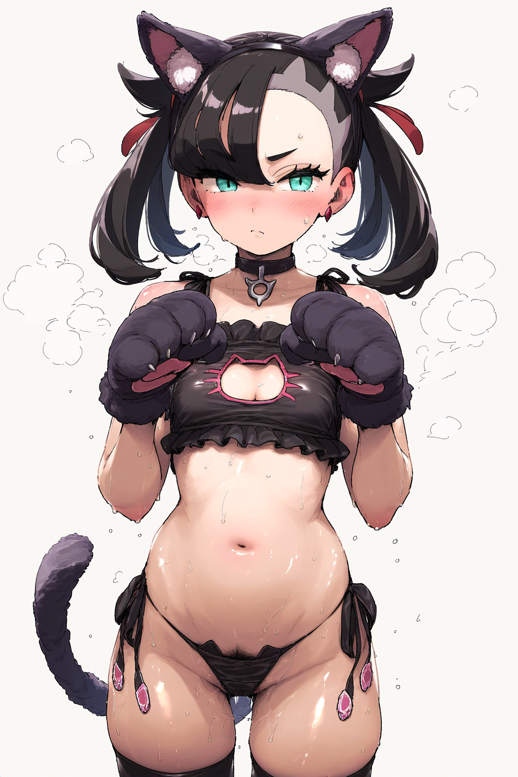 ai_generated black_hair blue_eyes blush breasts cat_ears cat_gloves cat_lingerie cat_tail catgirl cute embarrassed female hips human human_female light-skinned_female light_skin lingerie looking_at_viewer marnie_(pokemon) midriff nintendo paws petite pokemon pokemon_trainer pubes pubic_hair small_breasts solo solo_female twintails