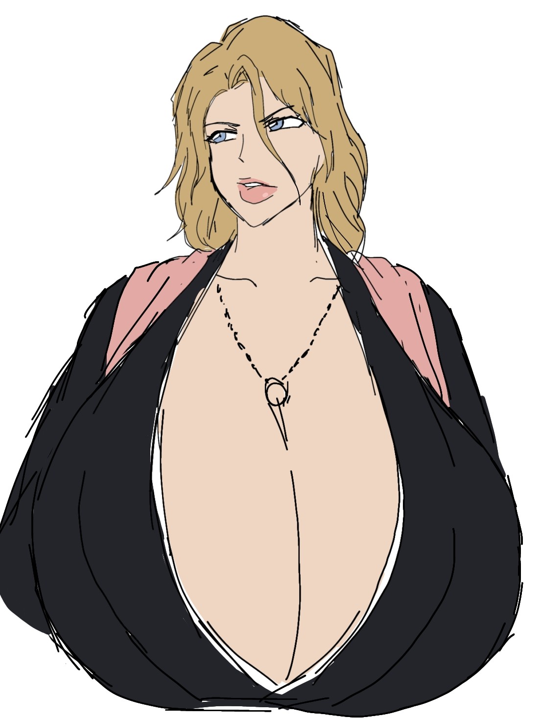 2d 2d_(artwork) black_robe bleach bleach:_the_thousand-year_blood_war blonde blue_eyes flat_colors full_lips large_breasts lips long_hair looking_around matsumoto_rangiku momiji_(artist) necklace pink_scarf scarf white_background