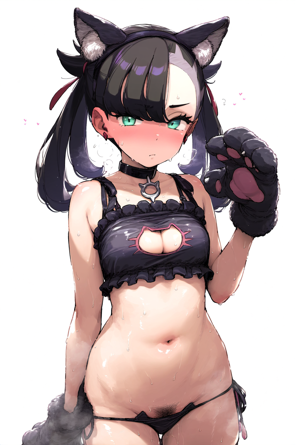 ai_generated black_hair blue_eyes blush breasts cat_ears cat_gloves cat_lingerie cat_tail catgirl cute embarrassed female hips human human_female light-skinned_female light_skin lingerie looking_at_viewer marnie_(pokemon) midriff nintendo paws petite pokemon pokemon_trainer pubes pubic_hair small_breasts solo solo_female twintails