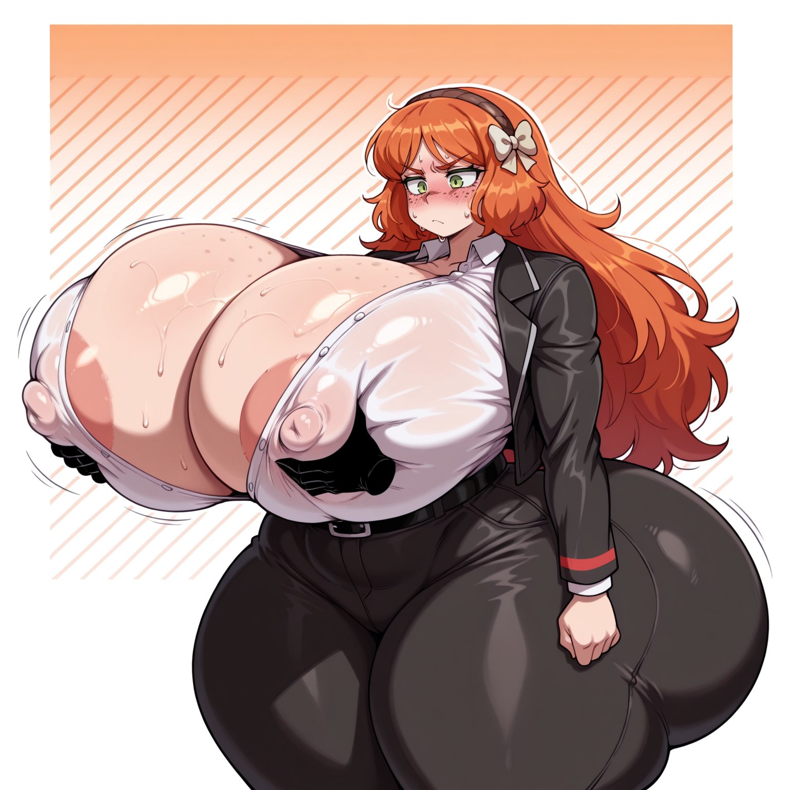 ai generated, areola slip, ass, breasts, dante (limbus company), disembodied hand, embarrassed, female, gigantic breasts, grabbing breasts, huge ass, huge breasts, ishmael (limbus company), limbus company, looking down, lovermam, offscreen character, project moon