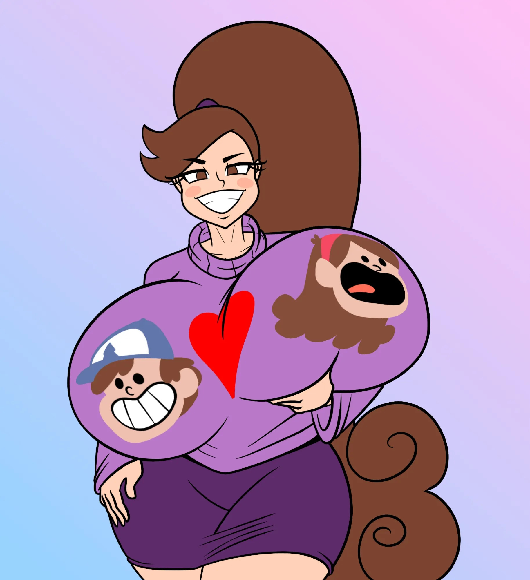 1girls, aged up, andrewassassins, bean smile, blush, blush stickers, breasts, brown eyes, brown hair, clothed, disney, disney channel, disney xd, female, female only, frostbiteboi, gigantic breasts, gradient background, gravity falls, huge breasts, human, mabel pines, purple skirt, skirt, smile, solo, sweater, thicc-verse, very long hair