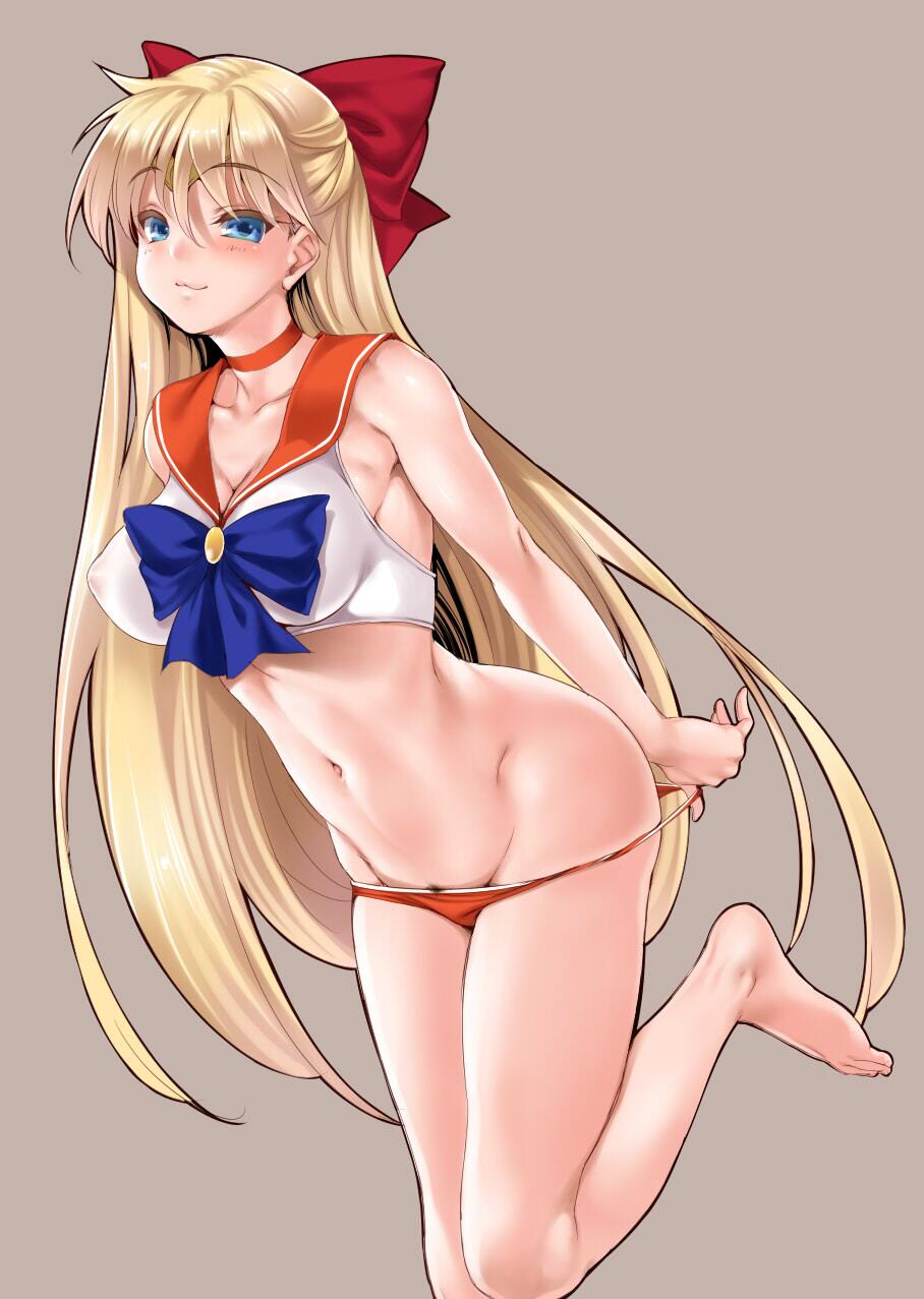 1girls, bishoujo senshi sailor moon, blonde hair, blue eyes, bow, breasts, cle masahiro, clothing, color, female, female only, long hair, medium breasts, minako aino, panties, panty pull, red panties, sailor venus, skimpy clothes, solo
