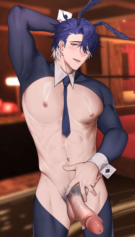 abs asaifrit balls ballsack big_penis blue_bowtie blue_hair bunny_ears bunnysuit honkai:_star_rail male_focus male_only muscular muscular_male penis pubic_hair reverse_bunnysuit sampo_(honkai_star_rail) visible_penis yaoi