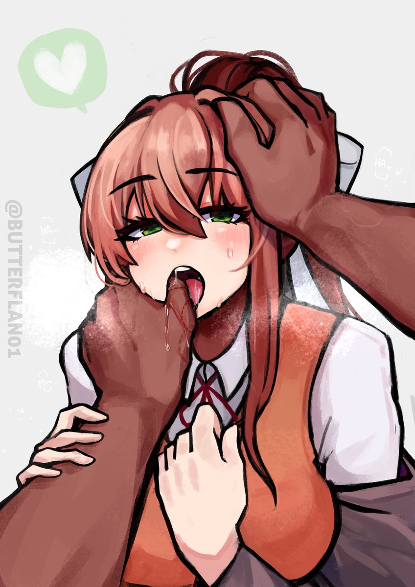 1boy 1girls 5_fingers breasts butterflan01 commission commission_art dark-skinned_male dark_skin doki_doki_literature_club female_focus finger_in_another's_mouth finger_in_mouth green_eyes interracial light-skinned_female light_skin male_pov monika_(doki_doki_literature_club) mouth_open open_mouth pov spoken_heart thumb_in_mouth tongue twitter_username