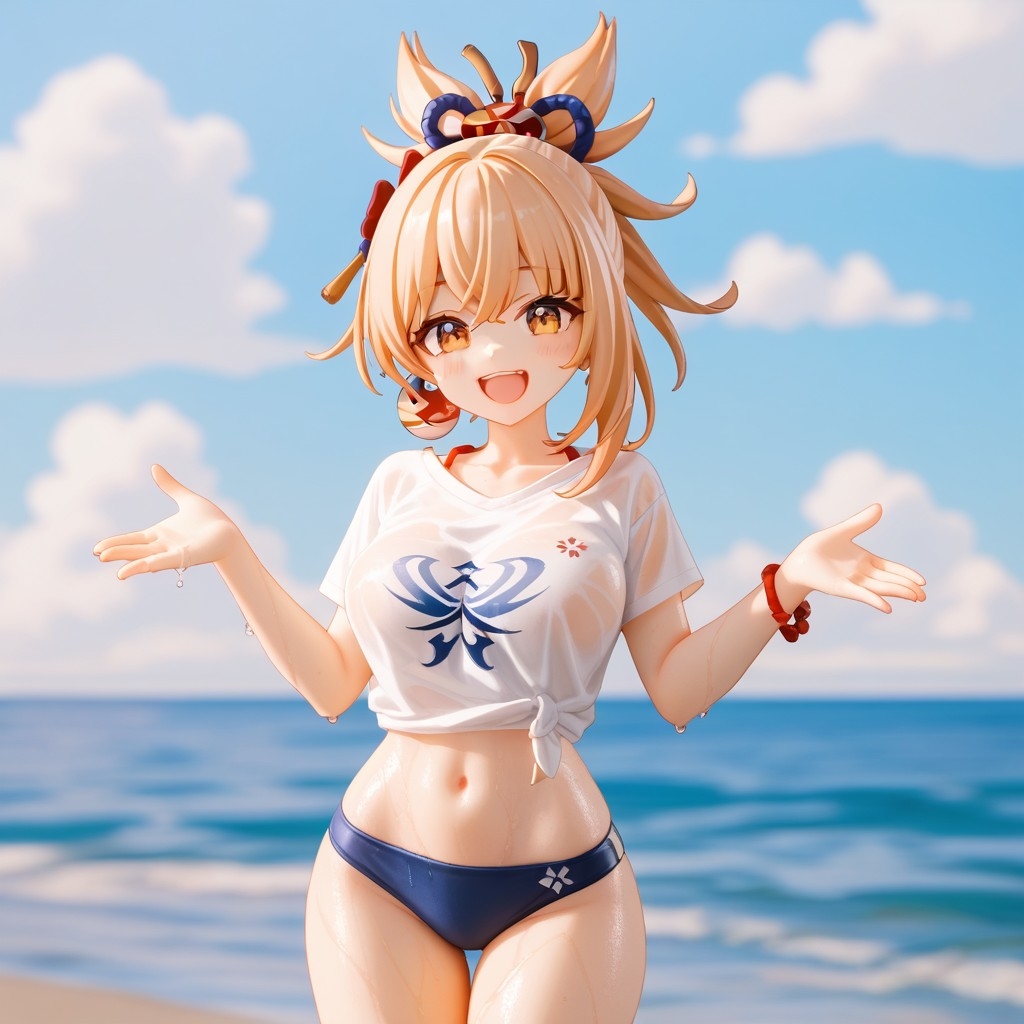 ai_generated bikini_bottom breasts genshin_impact happy large_breasts orange_hair oversized_shirt standing wet wet_body yoimiya_(genshin_impact)