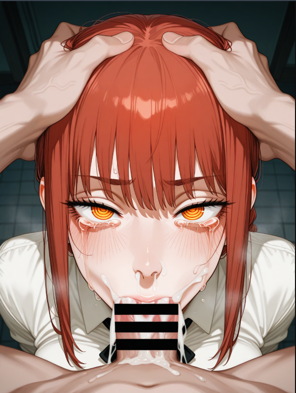 1boy 1girls ai_generated bangs blowjob chainsaw_man crying_with_eyes_open forced_oral hand_on_head looking_at_viewer makima_(chainsaw_man) red_hair sex sucking_penis yellow_eyes