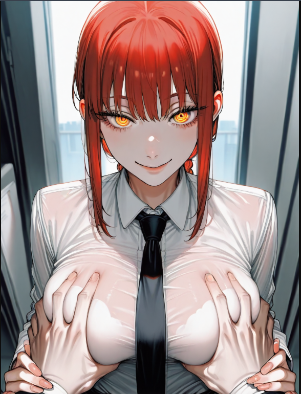 1boy 1girls ai_generated bangs chainsaw_man grabbing_breasts hand_on_breast looking_at_viewer makima_(chainsaw_man) medium_breasts office_clothing office_lady red_hair smiling_at_viewer yellow_eyes