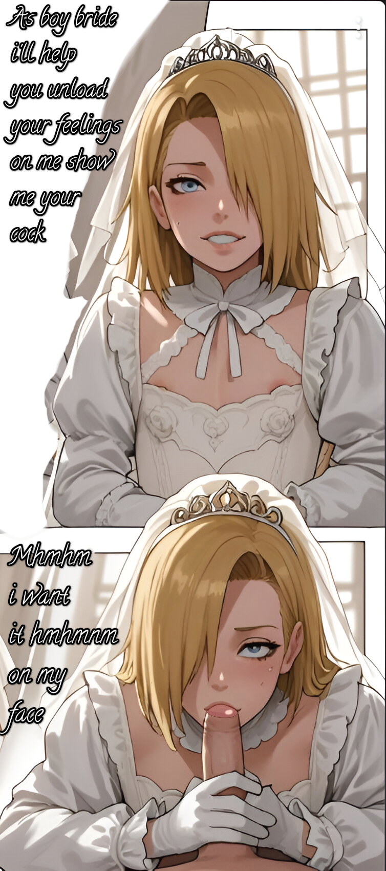 1boy ai_generated blonde_hair blowjob blue_eyes blush boots bride butt_focus buttons deidara femboy femboy_focus gloves goth hair_over_one_eye looking_at_viewer male male_only naruto naruto_(series) oral penis penis_on_face pleasure_face presenting sissy smile thighs wedding_dress white_clothing