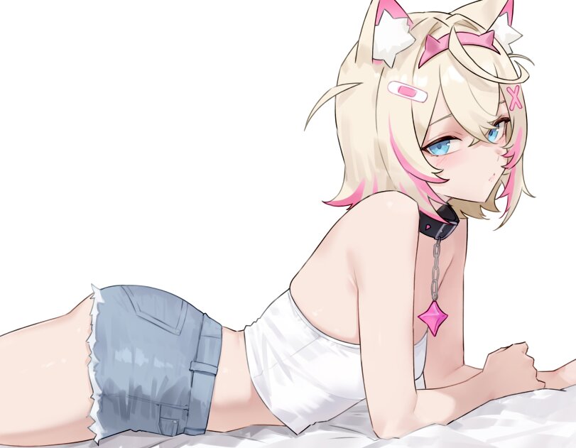 1girl, bluefield, blush, collar, crop top, dog ears, female, hololive, hololive english, jean shorts, looking at viewer, lying on stomach, mococo abyssgard, petite body, short hair, small breasts, virtual youtuber, vtuber