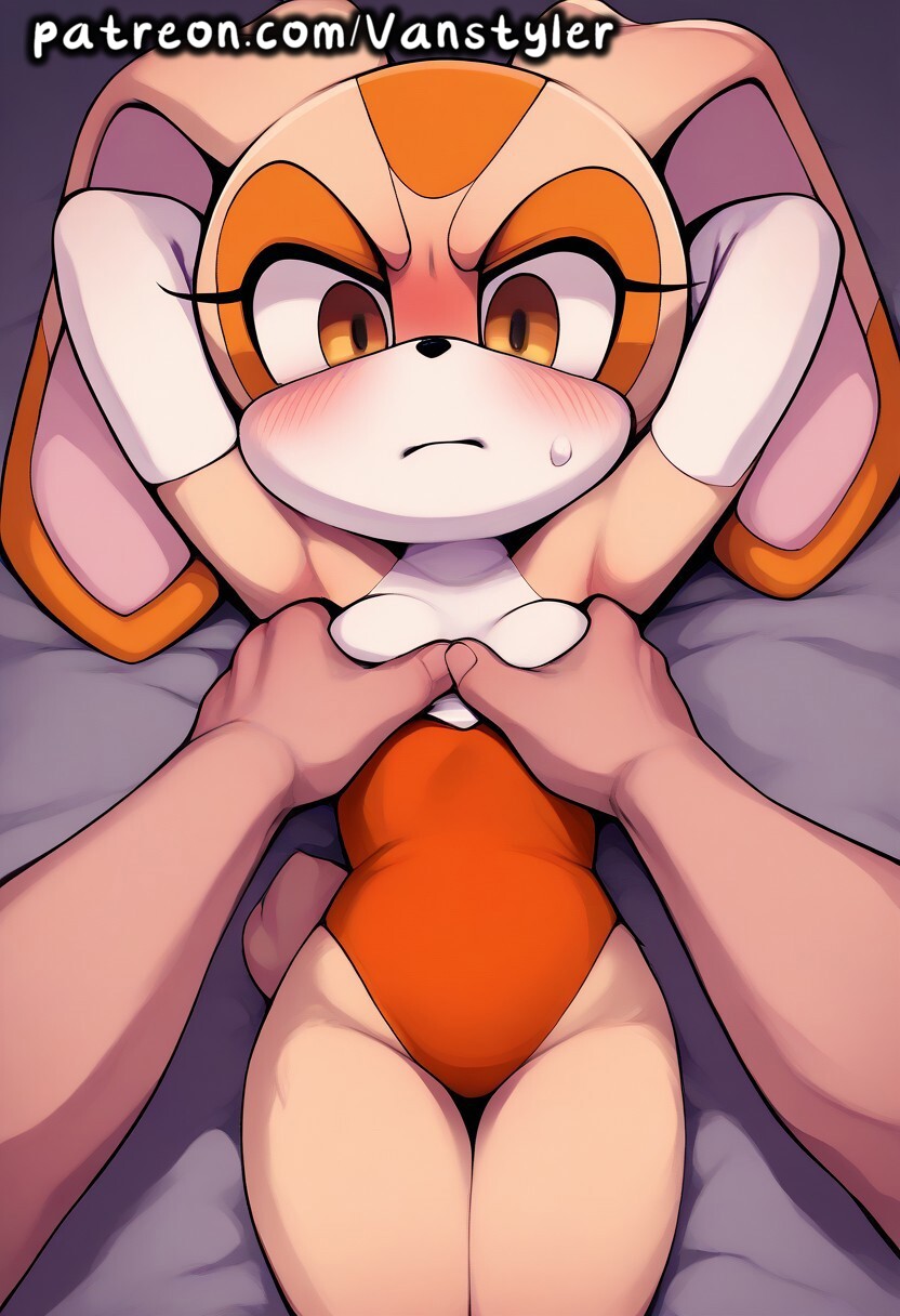 1girls ai_generated animal_ears arms_behind_head blush bodysuit brown_eyes bunny_ears clothed cream_the_rabbit embarrassed furry furry_female grabbing grabbing_breasts groping groping_breasts human human_on_anthro indoors laying_down looking_pleasured patreon pov pov_eye_contact pov_hands rabbit rabbit_ears shortstack size_difference slim_waist small_breasts smaller_female sonic_(series) sonic_the_hedgehog_(series) tan_fur vanstyler