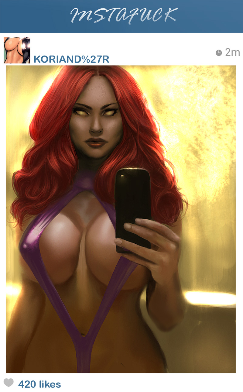 1girls breasts dc dc_comics female female_only instagram kaihlan koriand'r nipples parody red_hair selfie sling_bikini solo starfire starfire_(comics) teen_titans