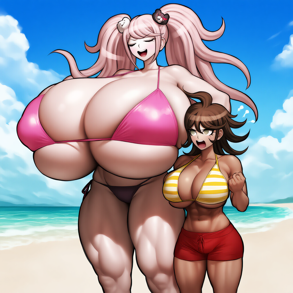 2girls ai_generated amazon cow-ede_akamatsu danganronpa gigantic_breasts huge_breasts junko_enoshima muscular_female owari_akane size_difference swimsuit tagme tan_skin