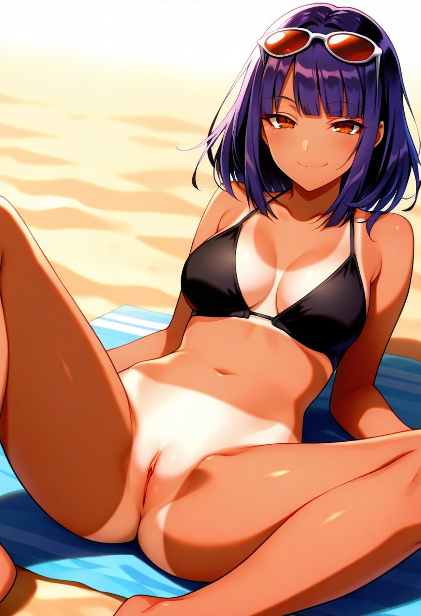 1girls ai_generated bangs bare_arms bare_shoulders beach bikini bikini_tan bikini_top_only black_bikini blossomtea blunt_bangs blush bottomless breasts civitai cleavage closed_mouth clothes_removed collarbone day emi_(kitsune_no_hanashi) eyewear_on_head illustrious_(stable_diffusion) leaning_back looking_at_viewer masa_works_design medium_breasts navel one-piece_tan oni_to_kitsune_no_hanashi orange_eyes outdoors purple_hair pussy reclining red-tinted_eyewear sand self_upload short_hair sitting smile solo spread_legs stomach sunglasses swimsuit tan tanlines tinted_eyewear