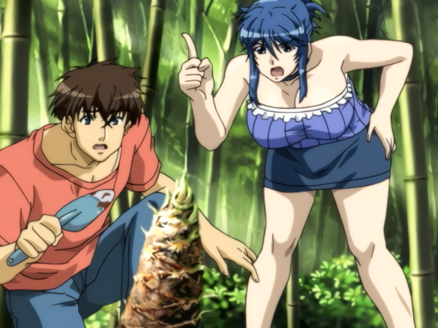 1boy 1girls angry angry_eyes bamboo bamboo_forest bamboo_shoot bare_shoulders before_sex big_breasts black_hair blue_hair breasts cleavage clothed clothed_female clothed_male clothed_male_clothed_female fushimi_kenta highres huge_breasts large_breasts massive_breasts open_eyes open_mouth sanjou_miku screencap shimai_tsuma_3 shimaizuma_3 shovel tights