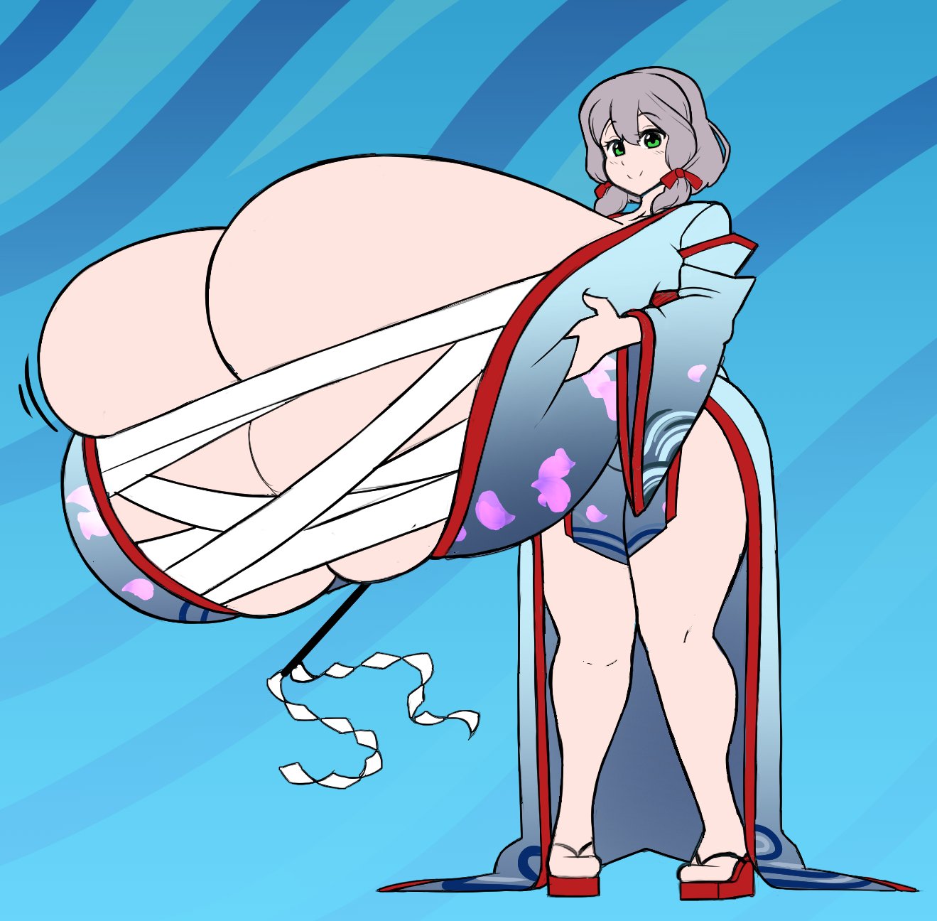 blush breast_lift full_body gigantic_breasts grabbing_own_breast grey_hair hyper_breasts kimono medium_hair sarashi smile someone_else's_oc takano_(artist) thighs top_heavy