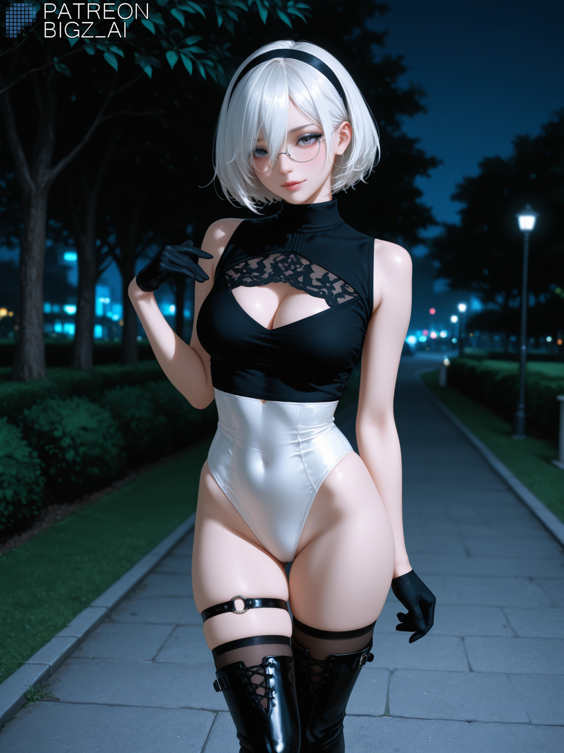 1girls, absurd res, ai generated, artist name, big breasts, bigz ai, breasts, cleavage, curvy, curvy figure, female, female only, glasses, gloves, headband, headgear, highres, large breasts, leg belt, legwear, leotard, light skin, light-skinned female, looking at viewer, nier, nier (series), nier: automata, outdoors, park, short hair, smile, solo, stockings, teasing, thick thighs, thighhighs, thighs, white hair, wide hips, yorha 2b