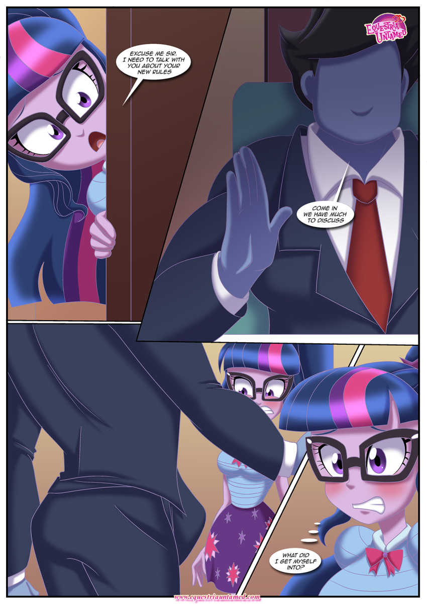 adult adult_male bbmbbf comic equestria_girls equestria_untamed erection_under_clothes hasbro imminent_sex my_little_pony my_little_pony:_friendship_is_magic older older_female palcomix sci-twi sex_reeducation twilight_sparkle_(mlp) young_adult young_adult_female young_adult_woman