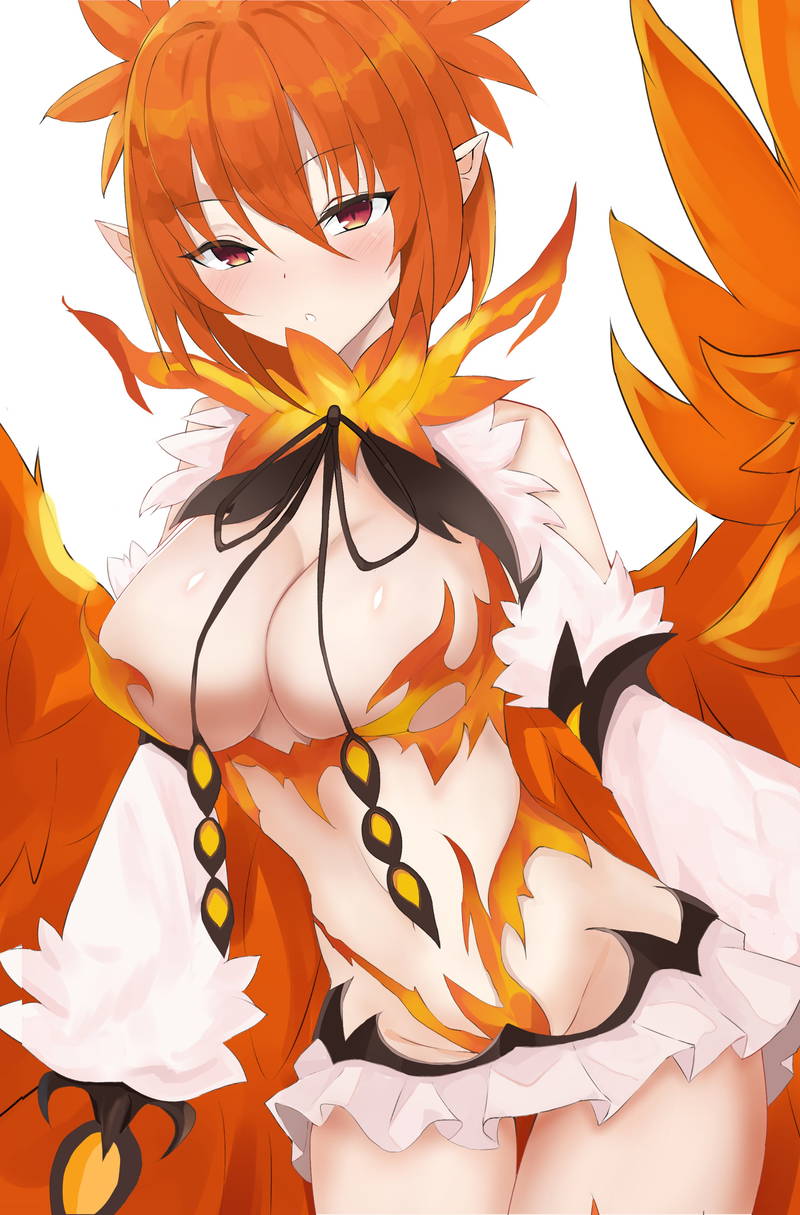 artist_request bird_wings blush breasts feathered_wings female highres large_breasts medium_hair miniskirt monster_girl monster_girl_encyclopedia non-web_source orange_hair phoenix_(monster_girl_encyclopedia) pointy_ears red_eyes skirt source_request thighs wings