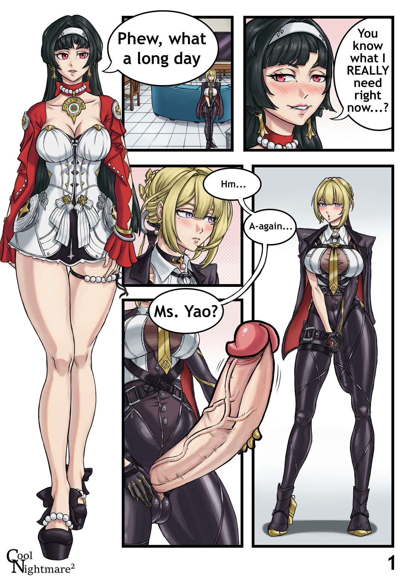1dickgirl, 1futa, 1girls, ass, assertive female, astra yao, bare legs, before sex, big ass, big breasts, big cock, big penis, black hair, blonde hair, blush, bodysuit, breasts, bulge, bulge down leg, bulge through clothing, comic, comic page, coolnightmare2, dialogue, dickgirl, dress, earrings, english text, erect penis, erection, evelyn chevalier, female, fully clothed, futanari, huge penis, intersex, light skin, penis, penis through fly, self upload, skin tight, stars of lyra, text, tie, zenless zone zero